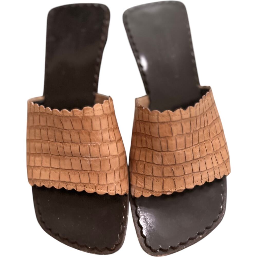 Donald J Pliner Ovatta Tan Croc Embossed Slide Sandals 7 Square Toe